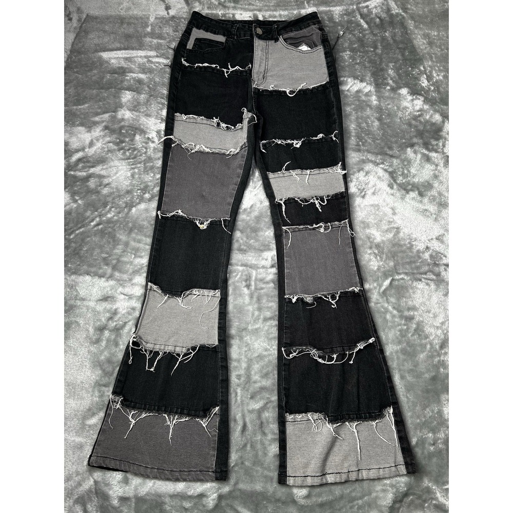 Goth Jeans Size 24 Boho Hippie Grunge Two Tone Gray Black Flare Leg Halloween